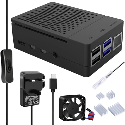 GeeekPi Raspberry Pi 4 Gehäuse mit 5 V 3 A USB-C-Netzteil, UK-Netzteil, Raspberry Pi 4 Gehäuse mit Lüfter 40 x 40 x 10 mm und 4 Stück Raspberry Pi 4 Kühlkörper für Raspberry Pi 4 Modell B von GeeekPi