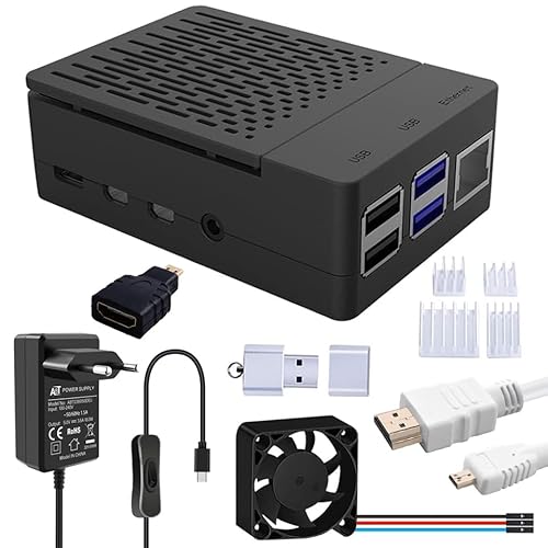 GeeekPi Raspberry Pi 4 Gehäuse mit PWM Lüfter, 5V 3.6A USB-C Netzteil,Raspberry Pi Kühlkörper, Micro-HDMI Kabel,Micro HDMI zu HDMI Adapterkabel,USB Kartenleser für Raspberry Pi 4 Modell B von GeeekPi