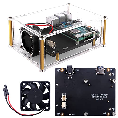 GeeekPi Raspberry Pi 4 SATA X825 V2.0 Speichererweiterungskarte SATA HDD/SSD 2,5 Zoll, Acrylgehäuse Raspberry Pi 4 X825 V2.0 mit Lüfter 4010 für Raspberry Pi 4B von GeeekPi