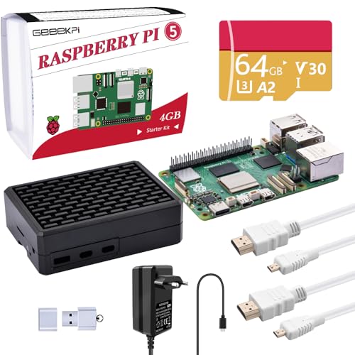 GeeekPi Raspberry Pi 5 4GB Starter Kit mit 64GB SD Karte, Raspberry Pi 5 Aluminium Gehäuse Passiv Kühlung,Pi 5 Armor Gehäuse, 27W 5.1V 5A USB C Netzteil, 2pcs HDMI Kabel für Raspberry Pi 5 (4GB RAM) von GeeekPi