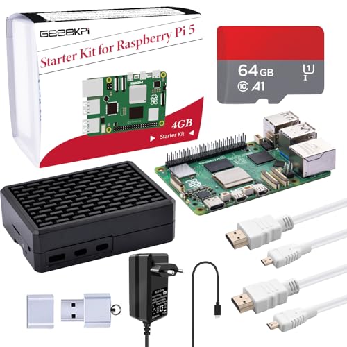 GeeekPi Raspberry Pi 5 4GB Starter Kit mit 64GB SD Karte, Raspberry Pi 5 Aluminium Gehäuse Passiv Kühlung,Pi 5 Armor Gehäuse, 27W 5.1V 5A USB C Netzteil, 2pcs HDMI Kabel für Raspberry Pi 5 (4GB RAM) von GeeekPi