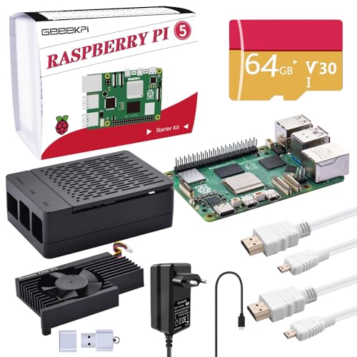 GeeekPi Raspberry Pi 5 4GB Starter Kit mit 64GB SD Karte, Raspberry Pi 5 Gehäuse mit PWM Active Cooler, Raspberry Pi 27W 5.1V 5A Netzteil, 2pcs HDMI Kabel für Raspberry Pi 5 (4GB RAM) von GeeekPi