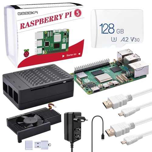 GeeekPi Raspberry Pi 5 8GB Starter Kit mit 128GB SD Karte, Raspberry Pi 5 Gehäuse mit PWM Active Cooler, Raspberry Pi 27W 5.1V 5A Netzteil, 2pcs HDMI Kabel für Raspberry Pi 5 (8GB RAM) von GeeekPi