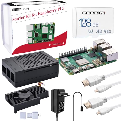 GeeekPi Raspberry Pi 5 8GB Starter Kit mit 128GB SD Karte, Raspberry Pi 5 Gehäuse mit PWM Active Cooler, Raspberry Pi 27W 5.1V 5A Netzteil, 2pcs HDMI Kabel für Raspberry Pi 5 (8GB RAM) von GeeekPi