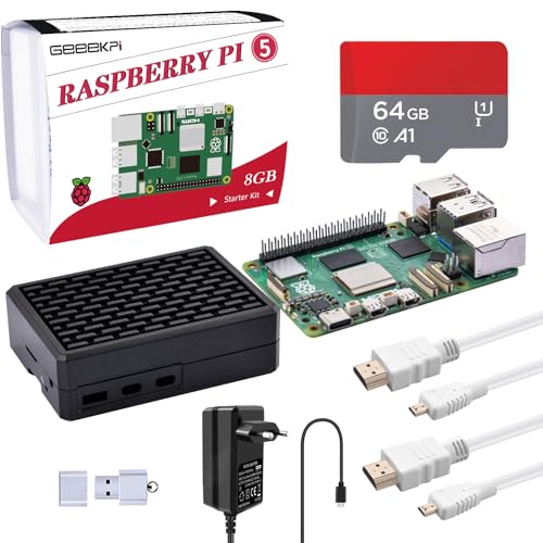 GeeekPi Raspberry Pi 5 8GB Starter Kit mit 64GB SD Karte, Raspberry Pi 5 Aluminium Gehäuse Passiv Kühlung,Pi 5 Armor Gehäuse, 27W 5.1V 5A USB C Netzteil, 2pcs HDMI Kabel für Raspberry Pi 5 (8GB RAM) von GeeekPi