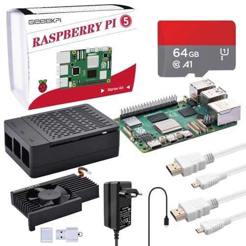 GeeekPi Raspberry Pi 5 8GB Starter Kit mit 64GB SD Karte, Raspberry Pi 5 Gehäuse mit PWM Active Cooler, Raspberry Pi 27W 5.1V 5A Netzteil, 2pcs HDMI Kabel für Raspberry Pi 5 von GeeekPi