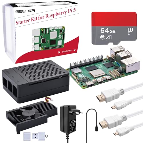 GeeekPi Raspberry Pi 5 8GB Starter Kit mit 64GB SD Karte, Raspberry Pi 5 Gehäuse mit PWM Active Cooler, Raspberry Pi 27W 5.1V 5A Netzteil, 2pcs HDMI Kabel für Raspberry Pi 5 von GeeekPi