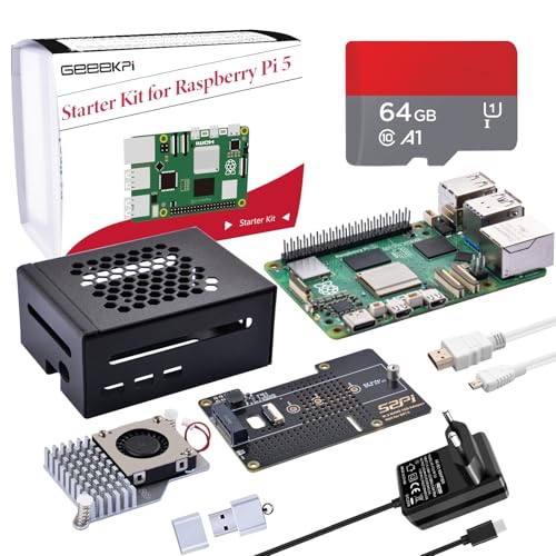 GeeekPi Raspberry Pi 5 8GB Starter Kit mit N04 M.2 NVMe SSD PCIe Peripheral Board,Metal Gehäuse,Official Active Cooler, 64GB SD Karte, HDMI Kabel, 27W 5.1V 5A Netzteil für Raspberry Pi 5 (8GB RAM) von GeeekPi