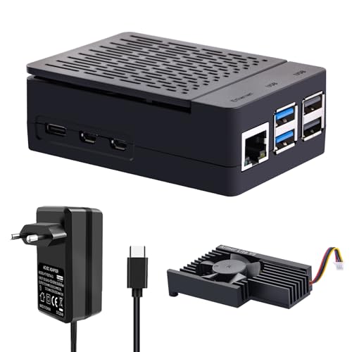 GeeekPi Raspberry Pi 5 ABS Gehäuse mit Netzteil PD 27W USB-C, Pi5 Gehäuse mit Armor Lite V5 Active Cooler, 5.1V 5A Power Adapter für Raspberry Pi 5 1GB/2GB/4GB/8GB von GeeekPi