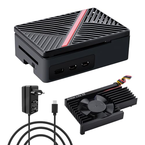 GeeekPi Raspberry Pi 5 ABS Gehäuse mit USB-C Netzteil 27W,Raspberry Pi 5 Gehäuse mit Armor Lite V5 Active Cooler für Raspberry Pi 5 1GB/2GB/4GB/8GB von GeeekPi