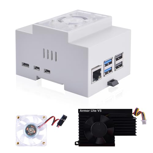 GeeekPi Raspberry Pi 5 Gehäuse, DIN Rail ABS Gehäuse mit Armor Lite V5 Active Cooler Cooling Fan für Raspberry Pi 5, Modular Box für Electrical Panels von GeeekPi