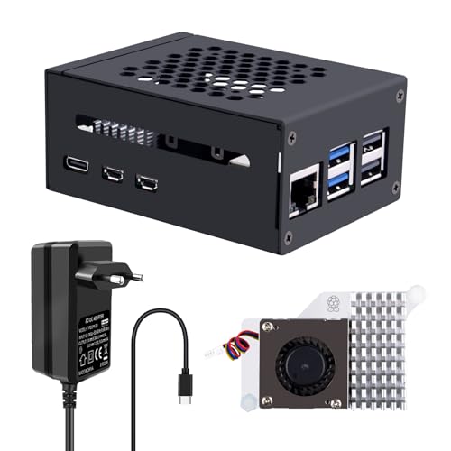 GeeekPi Raspberry Pi 5 Metallgehäuse mit Official Active Cooler & 27W Netzteil, Support PCIe M.2 NVMe SSD Shield Top X1001 / X1000 / X1003 / N04 / N05 von GeeekPi