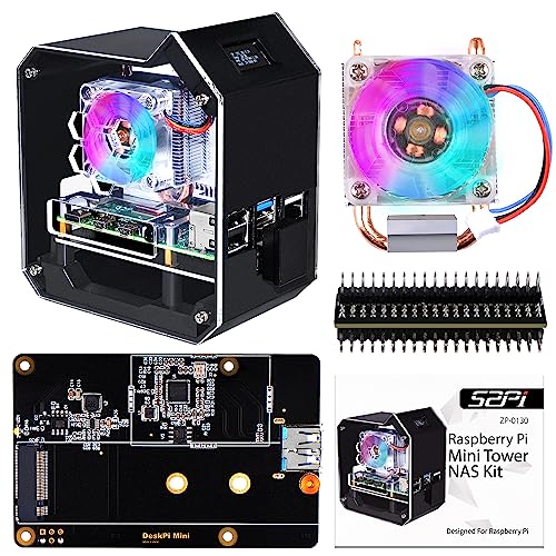 GeeekPi Raspberry Pi Mini Tower NAS Kit, Raspberry Pi Ice Tower Kühler mit PWM RGB Lüfter, M.2 SATA SSD Erweiterungsplatine, GPIO 1 bis 2 Erweiterungsplatine nur für Raspberry Pi 4 Modell B von GeeekPi