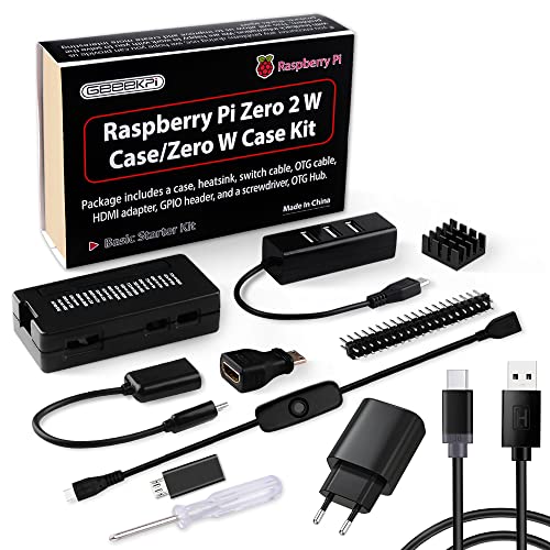 GeeekPi Raspberry Pi Zero 2 W Gehäuse Kit mit Raspberry Pi Zero 2 W ABS Gehäuse, Netzteil, Kühlkörper,4 Port USB HUB,20Pin GPIO Header,OTG Kabel,ON/Off Switch Kabel für Pi Zero 2 W/Pi Zero W/Pi Zero von GeeekPi