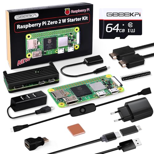 GeeekPi Raspberry Pi Zero 2 W Starter Kit with RPi Zero 2 W Aluminum Case,64GB SD Card Preloaded OS,QC3.0 Power Supply,20 Pin Header,Micro USB to OTG Adapter,HDMI Cable,Heatsink,ON/Off Switch Cable von GeeekPi