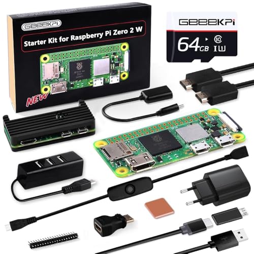 GeeekPi Raspberry Pi Zero 2 W Starter Kit with RPi Zero 2 W Aluminum Case,64GB SD Card Preloaded OS,QC3.0 Power Supply,20 Pin Header,Micro USB to OTG Adapter,HDMI Cable,Heatsink,ON/Off Switch Cable von GeeekPi