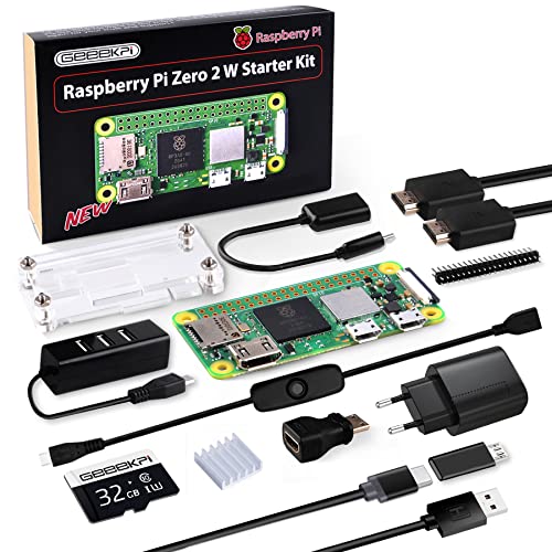 GeeekPi Raspberry Pi Zero 2 W Starter Kit with RPi Zero 2 W Case, 32GB SD Card Preloaded OS, QC3.0 Power Supply, 20 Pin Header, Micro USB to OTG Adapter, HDMI Cable, Heatsink, ON/Off Switch Cable von GeeekPi