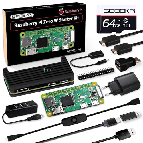 GeeekPi Raspberry Pi Zero W Starter Kit, mit RPi Zero W Aluminum Gehäuse, 64GB SD Karte, Netzteil, 20Pin Header, Micro USB to OTG Adapter, HDMI Kabel, HDMI Adapter, Switch Kabel and 4 Port USB Hub von GeeekPi