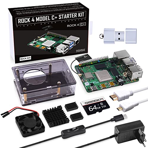 GeeekPi Rock Pi 4 Model C Plus Starter Kit mit Rock 4C+ 4GB Single Board Computer Rockchip RK3399-T Arm Cortex-A72 + Cortex-A53,mit Acrylic Gehäuse,64GB Karte,5V 3.6A Netzteil,Lüfter,HDMI Kabel von GeeekPi