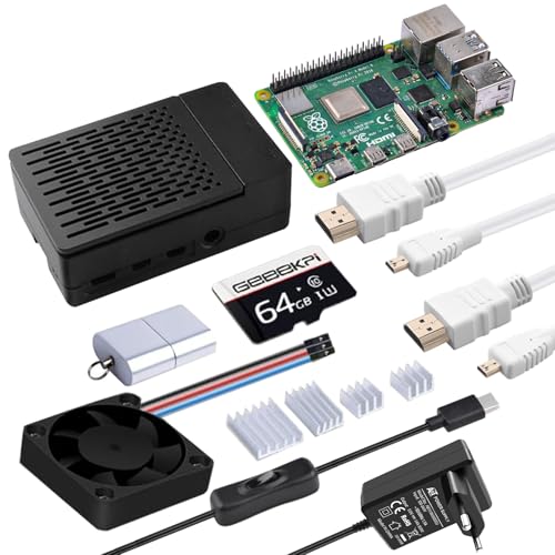 GeeekPi Starter Kit für Raspberry Pi 4 4GB, Inklusive Pi 4 4GB RAM-Board, 64GB SD-Karte und Kartenleser, Pi 4 ABS Gehäuse mit PWM Lüfter, 5V 3.6A 18W Netzteil mit EIN/Aus Schalter, 2pcs 4K HDMI Kabel von GeeekPi