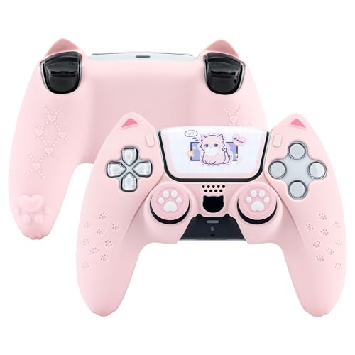 GeekShare Pink Cat Paw PS5 Controller Skin Grips Set Anti-Rutsch-Silikon-Schutzhülle Case Joystick-Kappen für PS5 Wireless Controller Zubehör-Kit von GeekShare