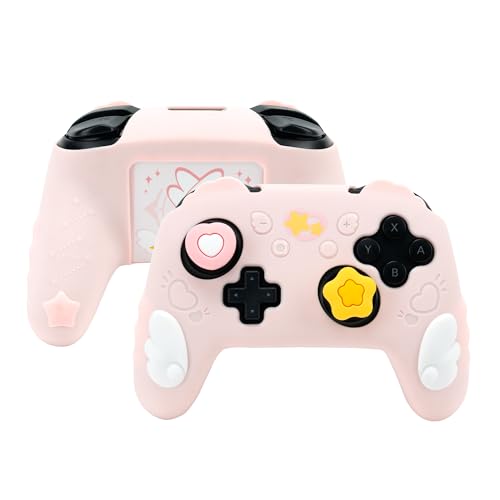 GeekShare Switch Pro Controller Skin Set,Anti-Slip Silicone Protective Cover Skin Case for Switch Pro Controller with 2 Thumb Grip Caps and 2 Stickers - Star Wings Series (Pink) von GeekShare