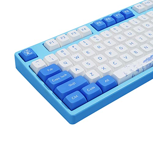 Geeksocial (Nur Tastenkappen) 104 + 24 XDA-Tastenkappen, PBT Farbstoff ansi-ISO-Layout, kompatibel mit GK61 64 68 84 87 104 108, mechanische Tastaturen (Blau und Weißes Porzellan) von Geeksocial