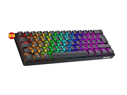 Geeky GK61 60% | Hot Swappable Mechanische Gaming-Tastatur | 62 Tasten Multi Color RGB LED Hintergrundbeleuchtung für PC/Mac Gamer| ISO ES Spanisches Layout (Schwarz, Mechanical Speed Silver) von Geeky