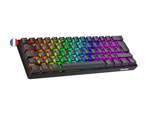 Geeky GK61 60% | Hot Swappable Mechanische Gaming-Tastatur | 62 Tasten Multi Color RGB LED Hintergrundbeleuchtung für PC/Mac Gamer| ISO FR AZERTY Französisches (Schwarz, Mechanical Speed Silver) von Geeky