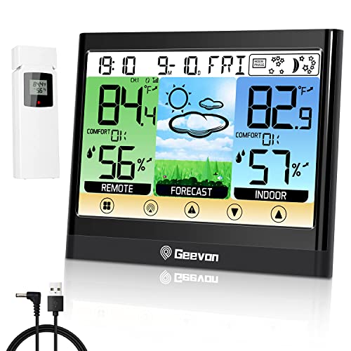 Geevon Wetterstation Funk mit Außensensor, Innen- und Außenthermometer Hygrometer mit Wettervorhersage, Hitzeindex, Taupunkt, Komfortanzeige, Temperaturalarm, Wecker & Schlummerfunktion von Geevon