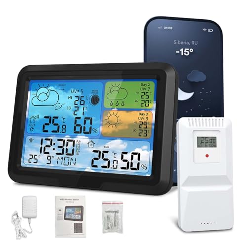 Geevorks Wetterstation Funk mit Außensensor, Wi-Fi digitales LCD-Farbdisplay, Sendebereich 150 m, Wecker, Mondphasen, Wettervorhersage, einstellbare Hintergrundbeleuchtung Geevorks Wetterstation Funk mit Außensensor, Wi-Fi digitales LCD-Farbdisplay, Sendebereich 150 m, Wecker, Mondphasen, Wettervorhersage, einstellbare Hintergrundbeleuchtung von Geevorks