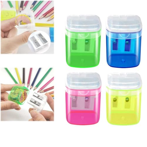 Anspitzer mit Behälter 4 Stück Spitzer mit Dose, Anspitzer mit Behälter Klein Anspitzer Kinder Doppelloch Bleistiftspitzer Bleistiftschärfer Pencil Sharpener Spitzer für Schule Büro (A) von Gehanico