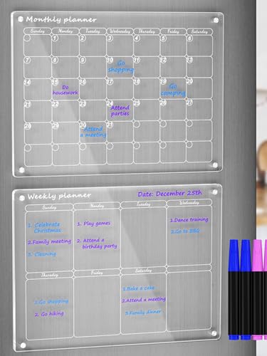Magnetischer Monats und Wochenkalender transparentes 2 Set wiederverwendbaren Planern für den Kühlschrank inklusive 8 abwischbaren Markern (Monats und Wochenkalender) von Gehanico