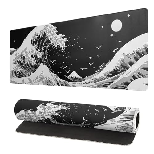 Topografisches Gaming-Mauspad, groß, XL, lang, ausziehbar, schwarz und weiß, große Tastatur-Schreibtischunterlage für Computer, Laptop, Büro, rutschfeste gummierte Kanten (Schwarz-Sea Wave) von Gehanico