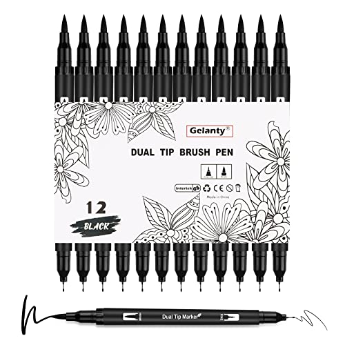 Gelanty Filzstifte Schwarz, 12 Stück Dual Brush Pen Set, Fineliner Stifte Set, Filzstifte Dicke und Dünne für Kunstzeichnung, Skizzieren, Malbuch von Gelanty