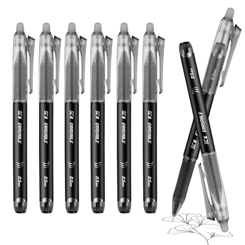 Radierbarer Kugelschreiber Tintenroller, 6 Stück 0,5mm Erasable Pen Löschbarer Gelstift für das Schreiben Journaling Zeichnung Kunstwerk Home Office Schule Briefpapier Zubehör (Schwarz) von Gelanty