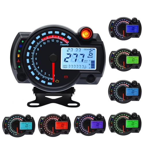 Geloo 14000RPM Motorrad Tachometer mit Halterung Geschwindigkeitssensor,Universal Digital Odometer Tachometer, 0-299 KM/H 7Farben Hintergrundbeleuchtung von Geloo