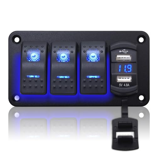 Geloo 3 Gang Schalter Panel Wasserdicht, 12V/24V Marine Schalttafel Wippschalter mit 4,8A Dual-USB LED Voltmeter Kippschalter für Auto Boot LKW Wohnmobil von Geloo