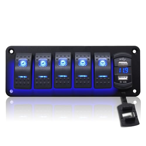 Geloo 5 Gang Schalter Panel Wasserdicht, 12V/24V Marine Schalttafel Wippschalter mit 4,8A Dual-USB LED Voltmeter Kippschalter für Auto Boot LKW Wohnmobil von Geloo
