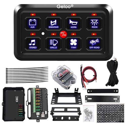 Geloo 8 Gang Schalter Panel Kit, 12V/24V Universal Circuit Control Relais System Touch Switch Box RGB Sieben Farben mit Automatischer Dimmbarer Kippschalter Panel für Auto LKW Wohnmobile Boot SUV von Geloo