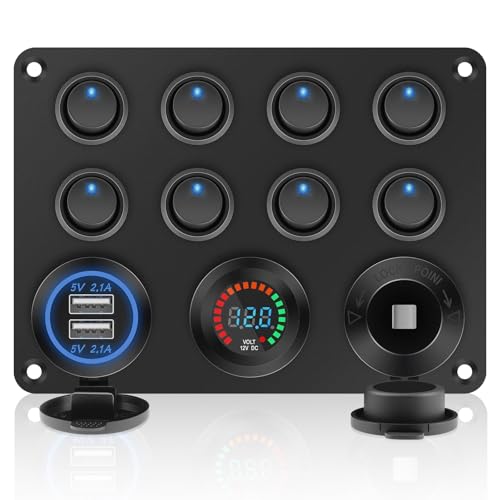 Geloo 8 Gang Wasserdichte Schalter Panel, 12V/24V Wippschalter Kippschalter Panel Blaue LED-Leuchten Dual USB-Ladegerät für Auto, LKW, Boote, Wohnmobil von Geloo