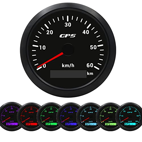 Geloo 85 mm GPS-Tacho, 7 Farben Hintergrundbeleuchtung 60 km/h Kilometerzähler Geschwindigkeitsmesser für Motorrad, Marine, Boot, Auto, LKW mit GPS-Antenne von Geloo