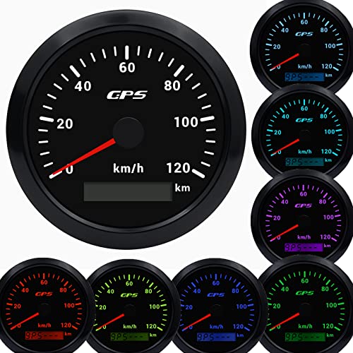 Geloo 85MM GPS Geschwindigkeitsmesser, 7 Farben Hintergrundbeleuchtung 0-120km/h Kilometerzähler Geschwindigkeitsmessgerät für Motorrad Marine Boot Auto LKW mit GPS Antenne von Geloo