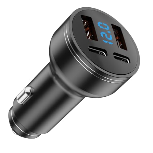 126W USB C Auto Ladegerät, Zigarettenanzünder USB C Adapter 2PD + 2USB 4-Port KFZ Ladegerät USB C mit LED Voltmeter DC12-24V, mit Android, Tablet und Allen Smartphones von GemCoo