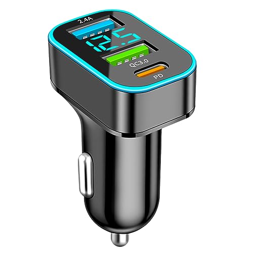 3-Port USB Auto C Ladegerät, 66W Zigarettenanzünder Schnellladegerät Adapter, QC3.0+PD+2.4A USB mit LED Voltmeter mit iOS, Android, Samsung, Tablet und Allen Smartphones von GemCoo