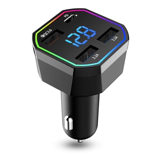 4-Port USB C Auto Ladegerät, 68W Zigarettenanzünder USB C Adapter QC3.0+PD, USB Schnellladegerät Auto mit LED Voltmeter 12V USB Buchse kompatibel mit iOS, Android, Samsung, Tablet von GemCoo