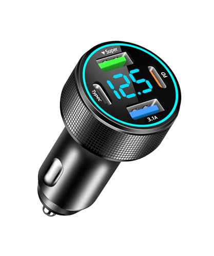 4-Port USB Zigarettenanzünder Adapter, 66W Zigarettenanzünder Verteiler QC3.0 & PD 30W Auto Ladegerät USB Adapter mit LED Voltmeter für MacBook Pro, iPhone, iPad, Samsung Galaxy Phone Geräte(BLAU) von GemCoo
