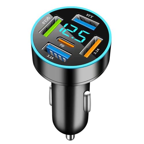 5-Port USB C Auto Ladegerät Zigarettenanzünder Adapter, Schnellladegerä Adapter, 66W Duales PD+QC3.0 mit LED Voltmeter mit iOS, Android, Tablet und Allen Smartphones. von GemCoo