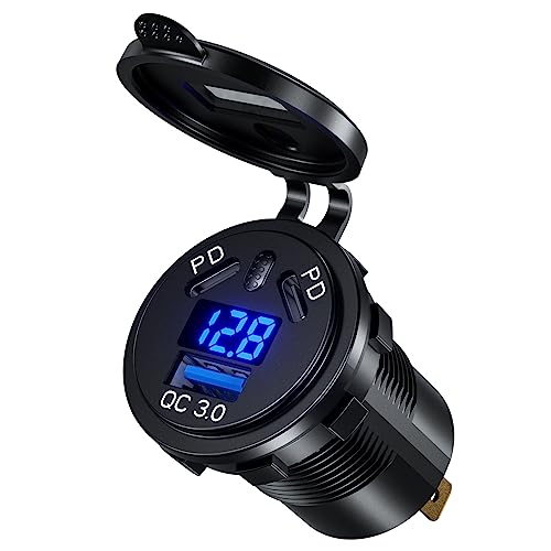 Dual PD 3.0 USB Auto Steckdose KFZ Ladegerät, Dual 45W PD Type C & 18W QC3.0 12V USB Steckdose mit Schalter und Voltmeter, Schnellladung Wasserdicht für Auto Boot Motorrad Marine RV von GemCoo