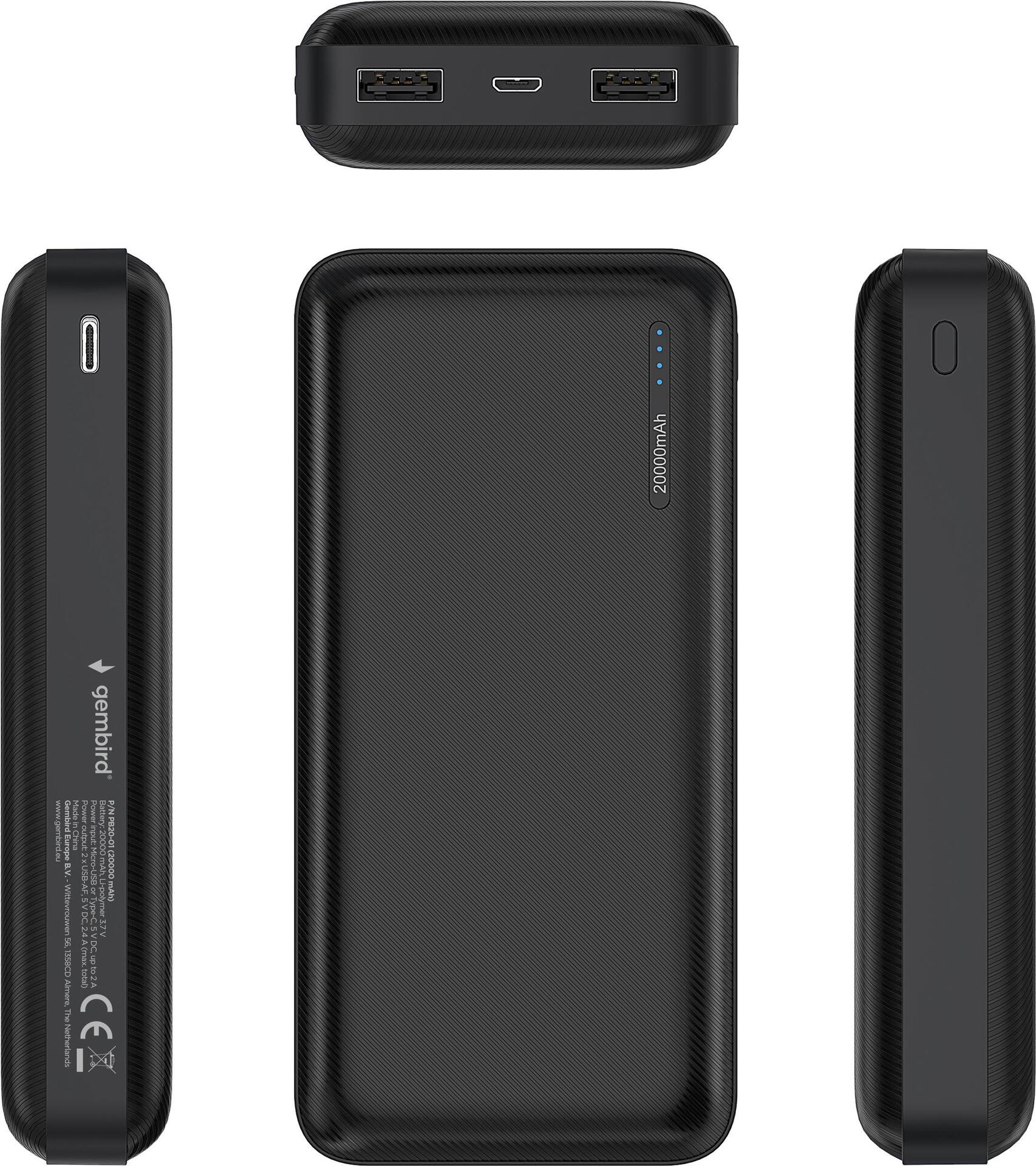 Gembird PB20-01 - Powerbank - 20000 mAh - 2,4 A - 2 Ausgabeanschlussstellen (2 x USB) - Schwarz (PB20-01) von Gembird